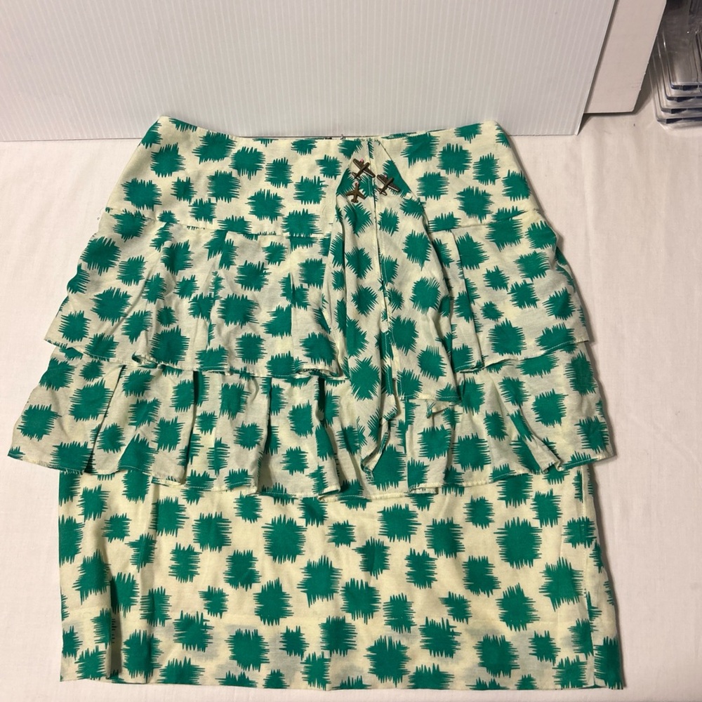 Anthropology  edme & esyllte Green/White Silk Blend Ruffle Skirt Sz 0-EUC